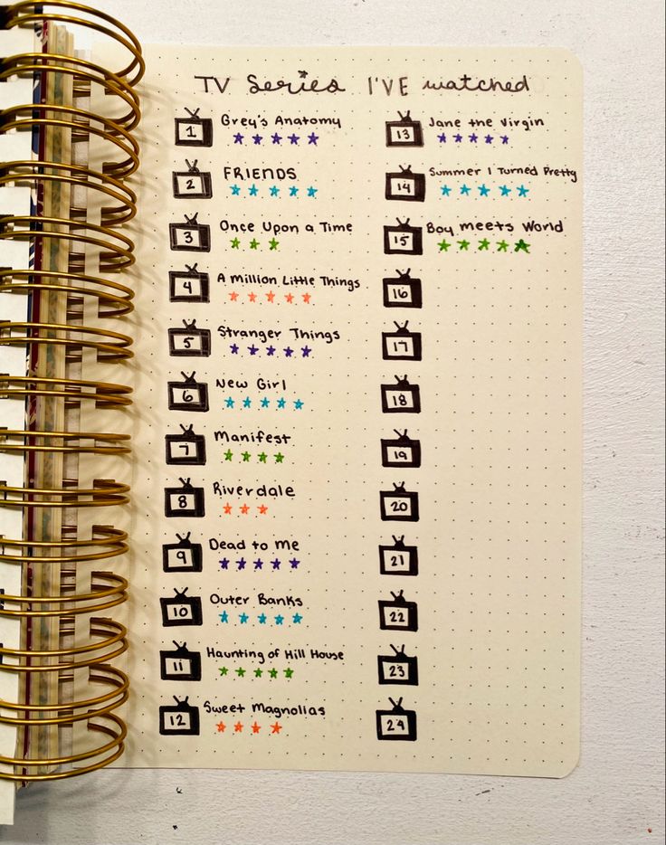 This list helps me remember which shows I have recently watched & and the rating I gave it! doodles, television shows, tracker, bullet journal, notebooks, ratings, movies, must-watch list Journal Tv Show Tracker, Normal Journal Ideas, Movies Watched Journal, Rating Aesthetics, Bujo Tv Show Tracker, Movie List Bullet Journal Ideas, Movies To Watch Journal Page, Bullet Journal Tv Show Tracker, Movie Rating Journal