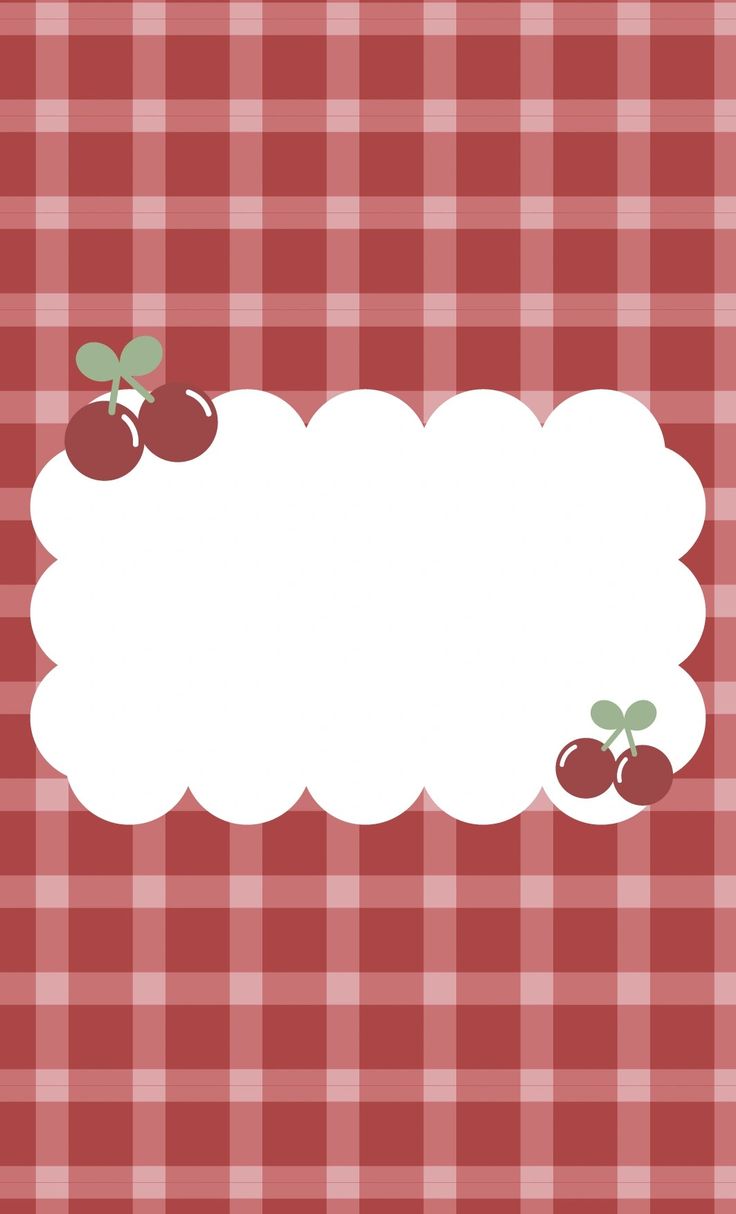 a red and white checkered table cloth with cherries on the border, as well as an empty speech bubble