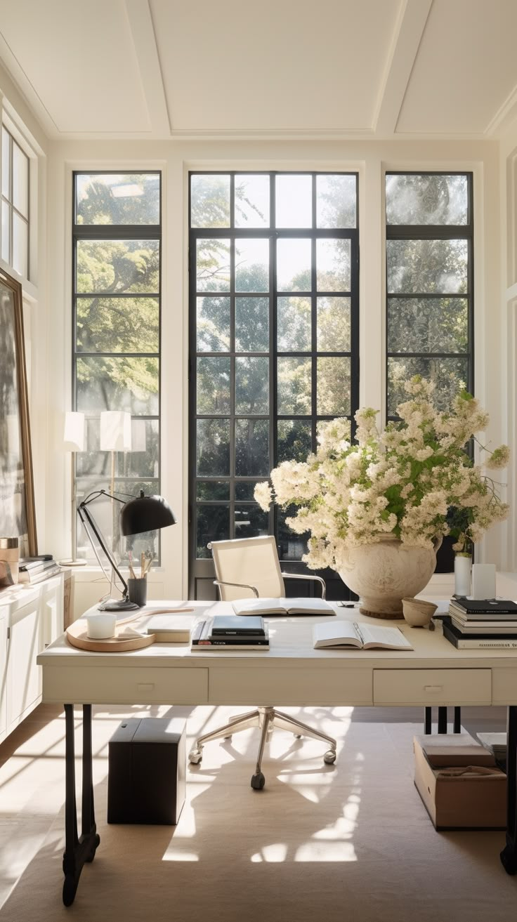 a white desk in front of two large windows and a vase with flowers on it