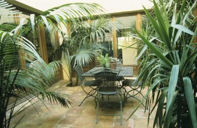 a table and chairs in a room with potted plants on the side walk way