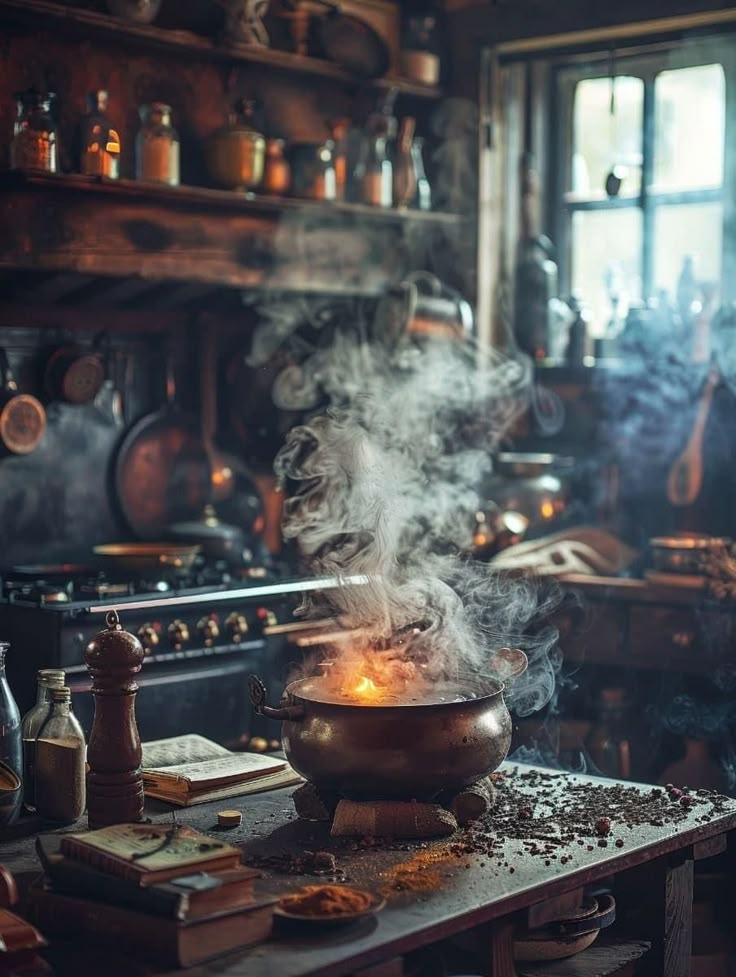 steam rising from a pot in a kitchen