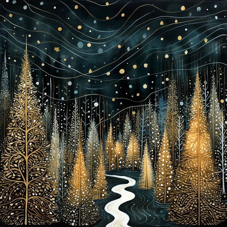 a painting of trees and a stream in the woods at night with snow falling from the sky