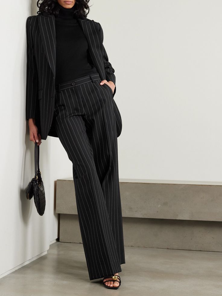 Dolce&Gabbana's pants are woven with contrasting pinstripes that evoke sophistication and elongate your figure. Made from wool, they sit on the hips and have pressed creases through the wide legs. Wear yours with the matching blazer in our edit to emulate the Spring '24 show styling. Chic Striped Workwear Pants, Wide Leg Pants With Vertical Stripes For Office, Striped Straight Dress Pants For Work, Wide-leg Pants With Vertical Stripes For Workwear, Chic Striped Office Pants, Chic Full Length Striped Pants, Chic Striped Full-length Pants, Chic Vertical Stripes Pants For Fall, Tailored Vertical Striped Pants For Office