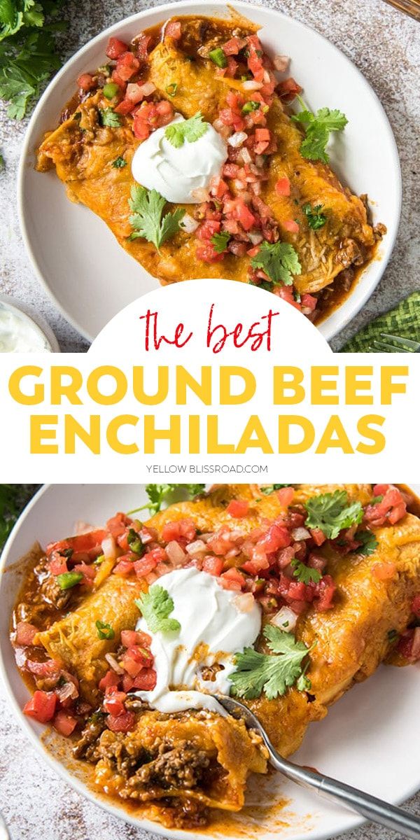 the best ground beef enchiladas recipe on a white plate with a fork