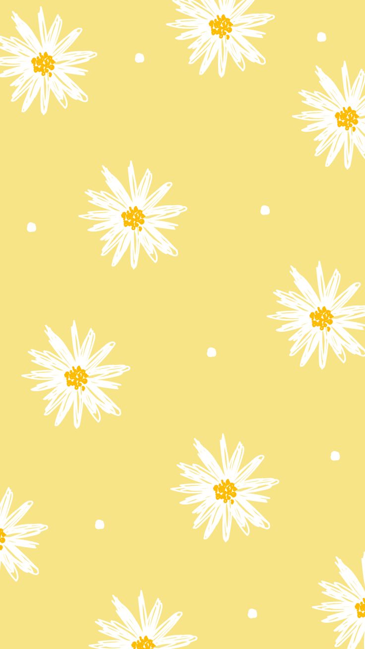 a yellow background with white daisies and dots