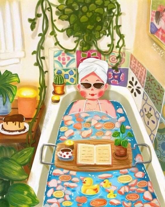 a painting of a woman sitting in a bathtub with an open book on it