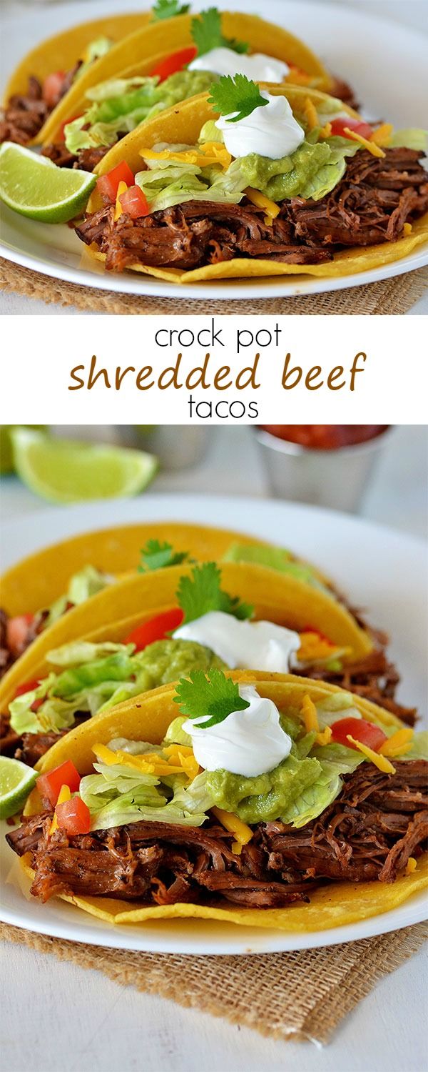 two pictures of shredded beef tacos on a plate