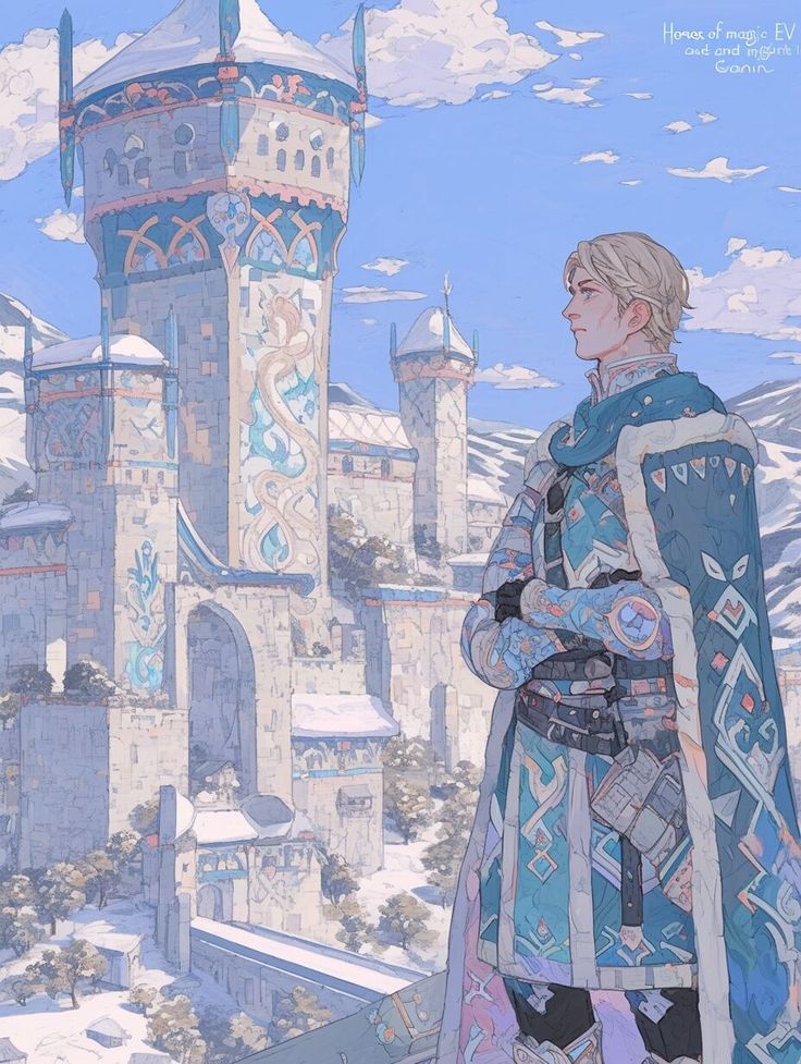 a painting of a woman standing in front of a castle with snow on the ground