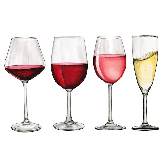 four wine glasses filled with different colored liquids on a white background, one is empty