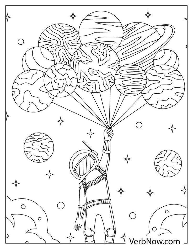 a drawing of a man holding onto the strings of a parachute with planets in the background