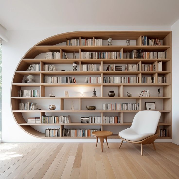 a large book shelf filled with lots of books next to a white chair and table