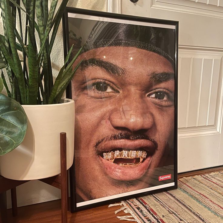 a framed photograph of a smiling man with braces on his teeth next to a potted plant