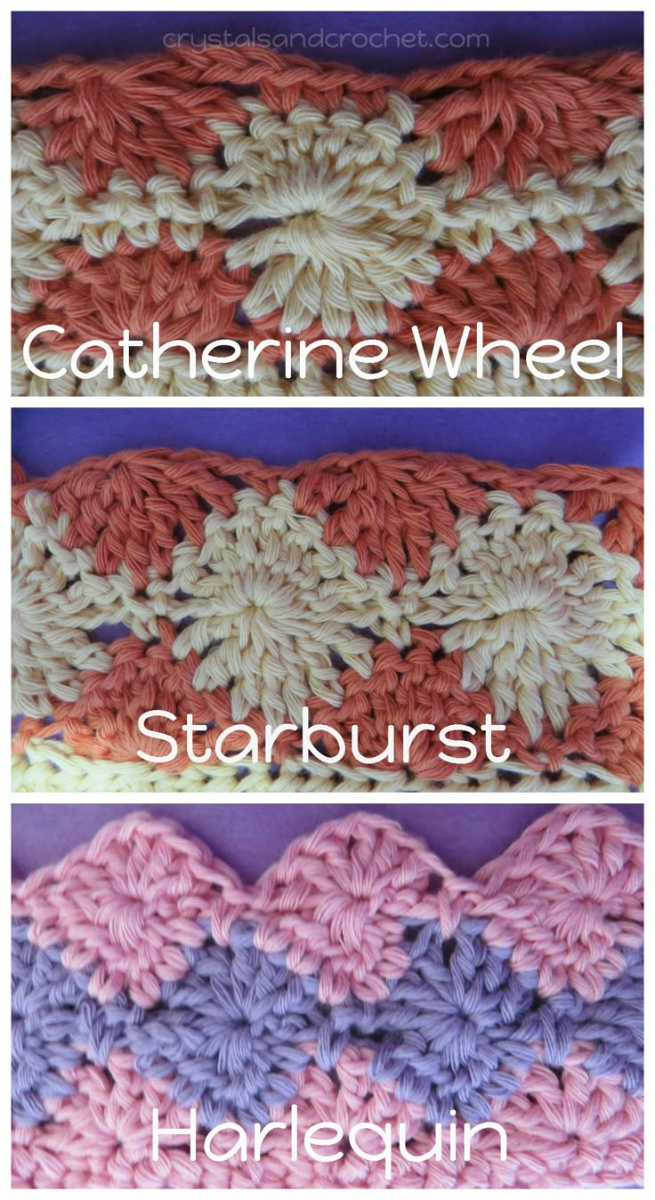 three different crocheted squares with the words, gathering wheel and starburst