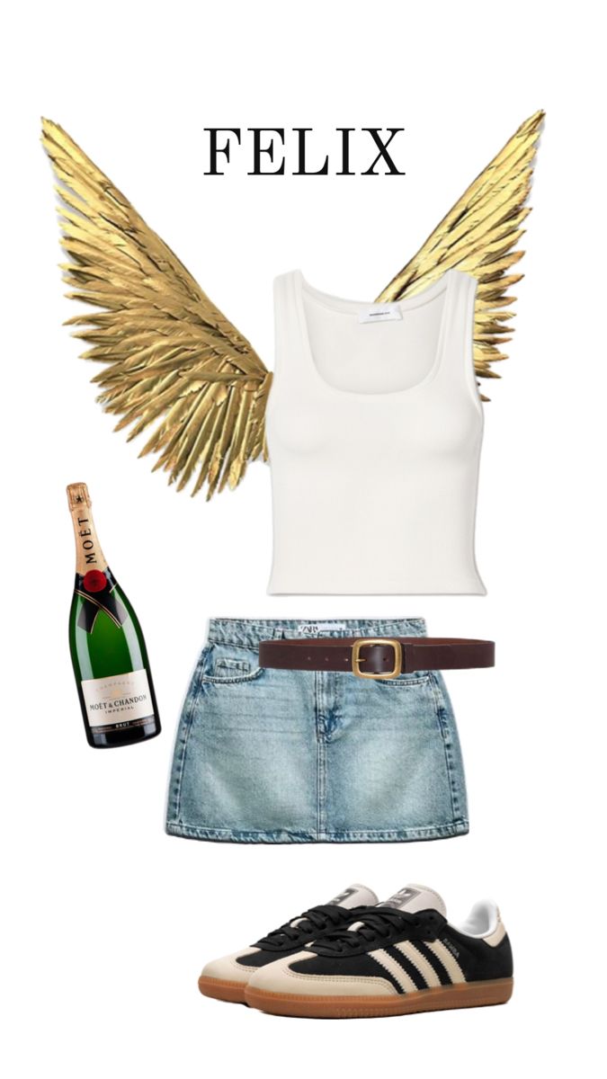 a woman in white shirt and jean shorts with gold wings