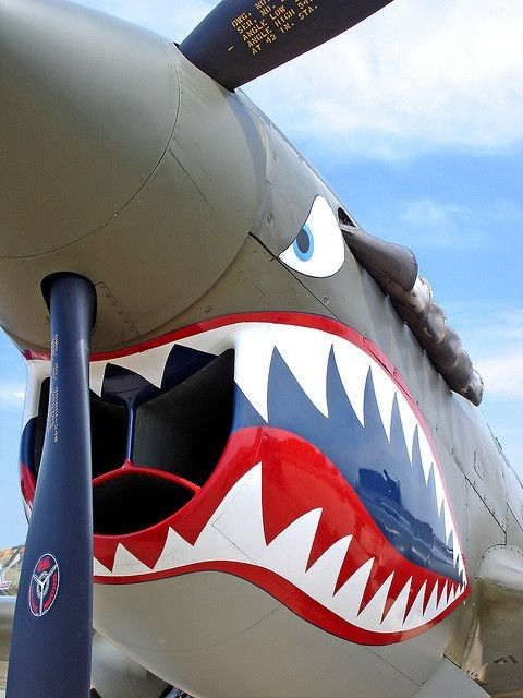 the nose of an airplane with teeth painted on it