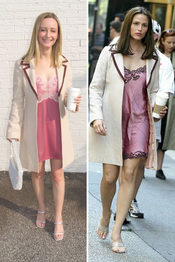 two women in dresses and jackets walking down the street, one is holding a coffee cup