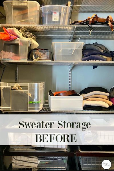 an organized closet with clothes, shoes and other items on shelves that are labeled sweater storage before