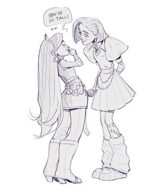 two girls talking to each other in the middle of a line drawing, one with long hair