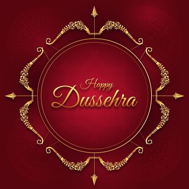 happy dussera greeting card with golden lettering and ornate ornaments on a red background