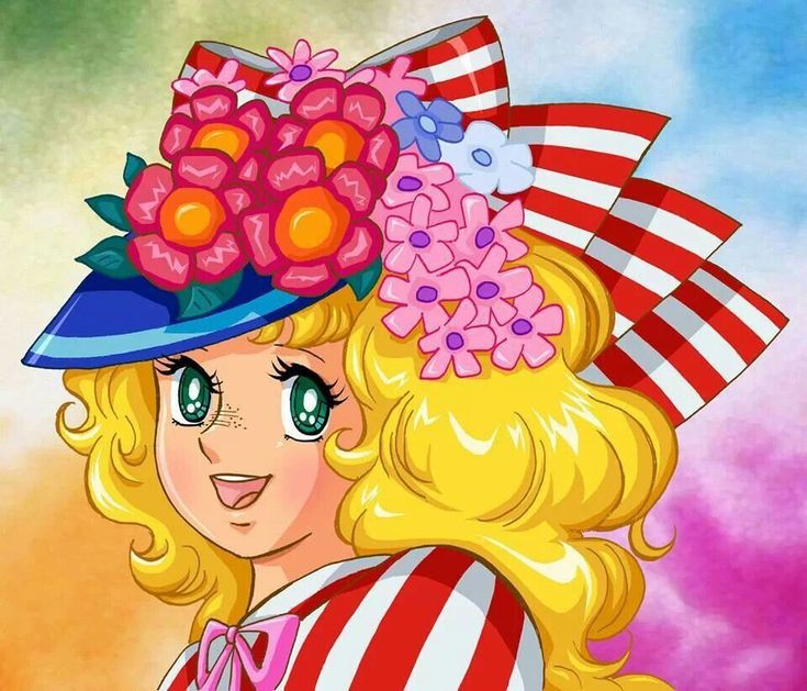 a cartoon girl with blonde hair wearing a large hat and flowers on top of her head