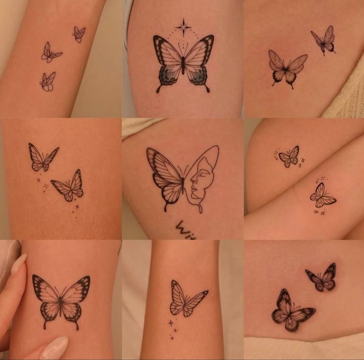 many different pictures of butterflies on the arm and leg, all in black and white