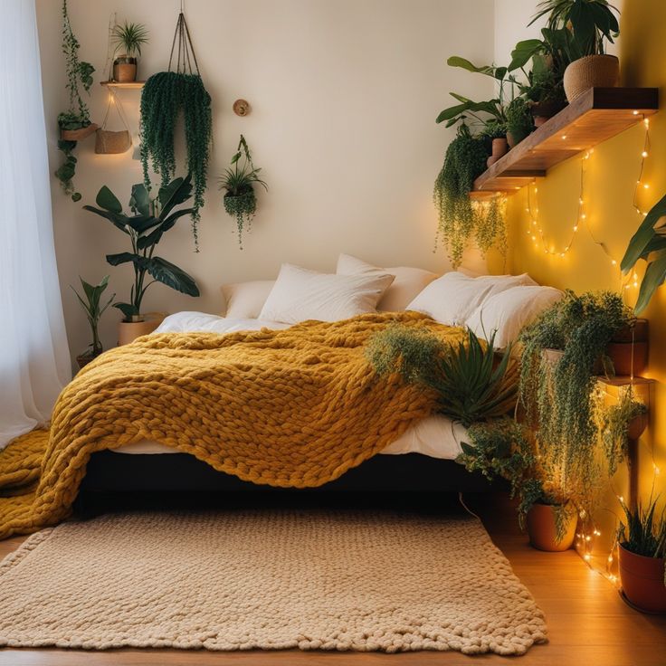 a bedroom with lots of plants and lights on the wall