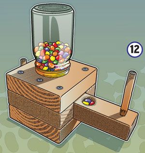 a candy dispenser sitting on top of a wooden table with the words make a candy dispenser above it