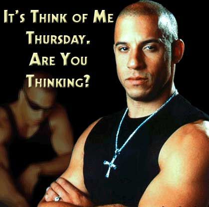 a man with his arms crossed in front of him and the words, it's think of me thursday are you thinking?