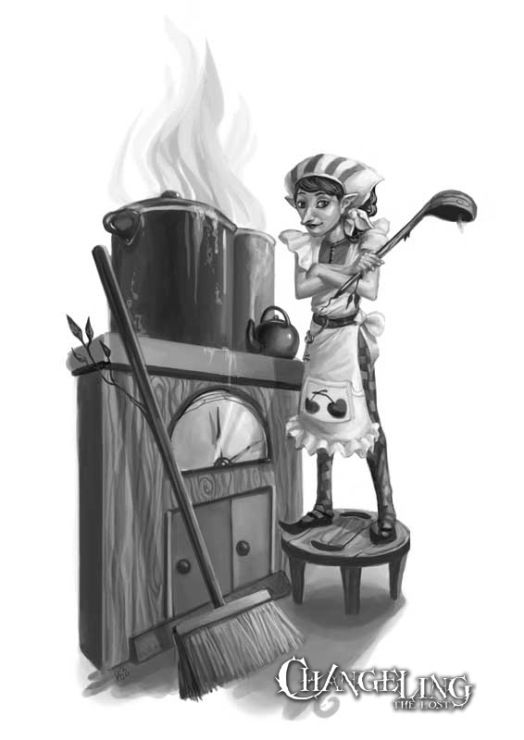 a drawing of a woman cleaning a stove with a broom and dustpan on it