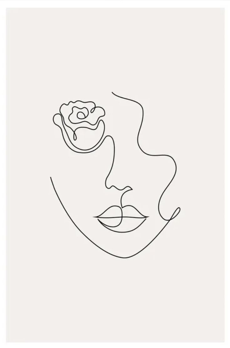 a line drawing of a woman's face with a flower in her hair, on a white background