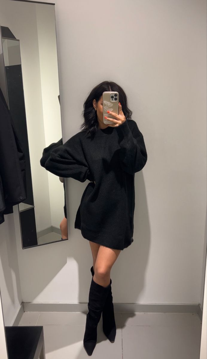 Jumper Dress And Boots Outfit, Short Winter Dress Outfit, Crewneck Dress Outfit, Black Tights Sweater Dress, Over Sized Sweater Dress Outfit, Black Sweater Dress With Belt, Loose Sweater Dress Outfit, Sweater Dress With Jacket Outfit, Black Jumper Dress Outfit Winter