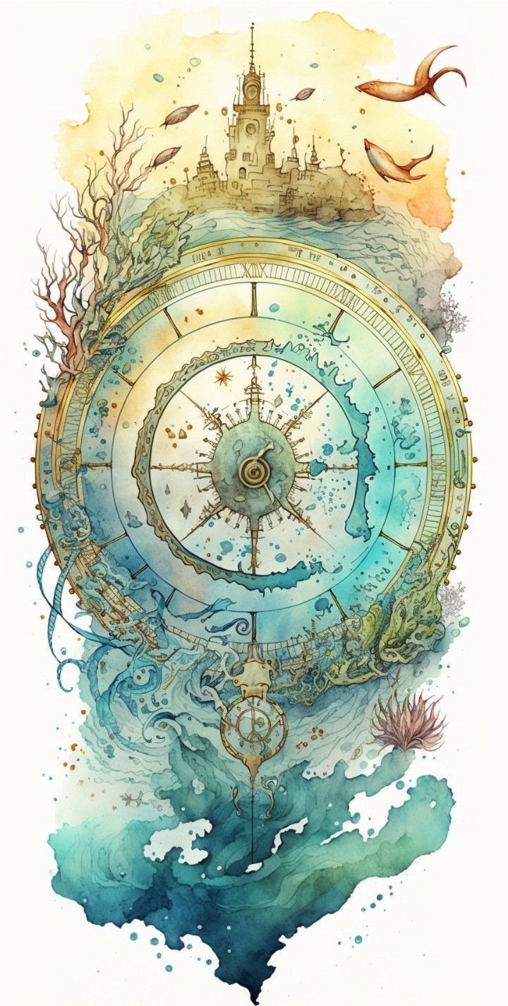 a drawing of a compass with seaweed and birds flying around it, surrounded by watercolor