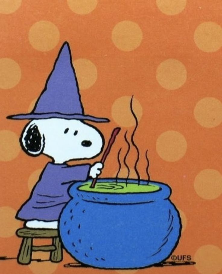 a charlie brown thanksgiving card with a bowl of soup and a witch's hat