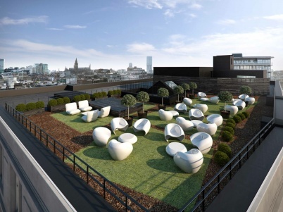 an artist's rendering of a rooftop garden on top of a building in the city