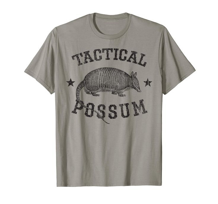 a gray shirt with an armadius on it that says,'practical possum '