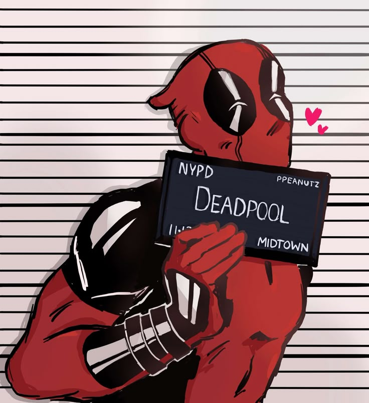 a deadpool character holding a sign in his hand