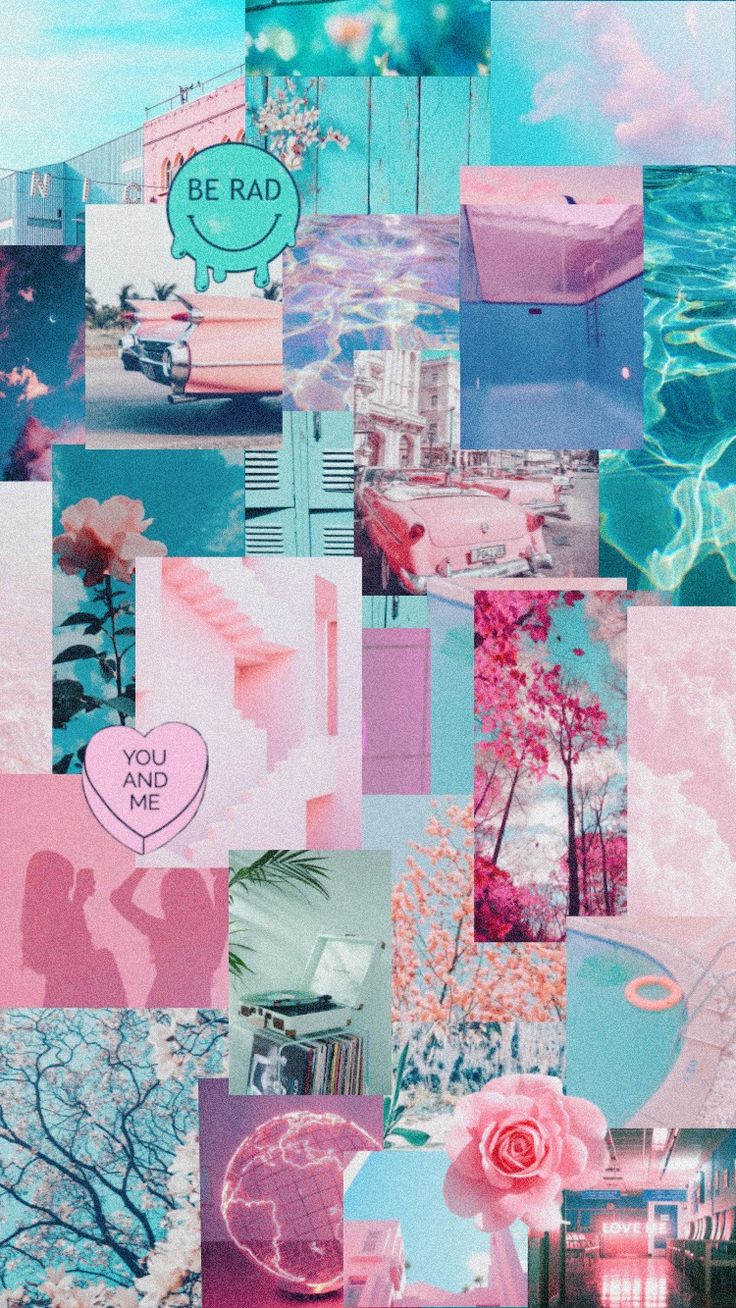 a collage of pink and blue images with the words be rad