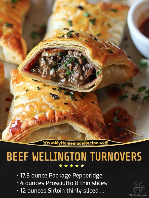 an advertisement for beef wellington turnoverers on a plate with dipping sauces in the background