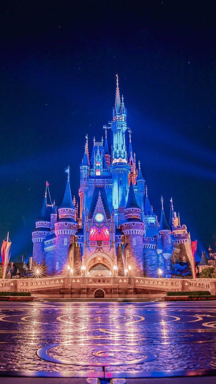 the castle is lit up at night with bright lights