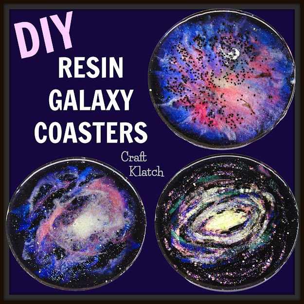 three galaxy coasters with the words diy resinin galaxy coasters on them