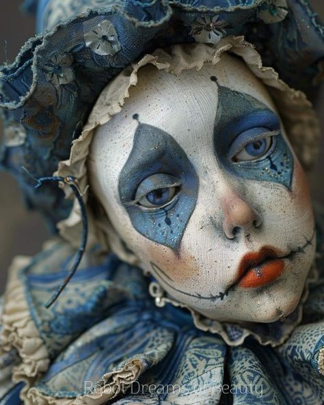 an old doll with blue and white face paint