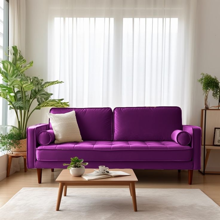 a living room with a purple couch and coffee table in front of a large window