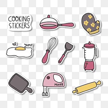 various kitchen utensils and cooking stickers on a checkered tablecloth background