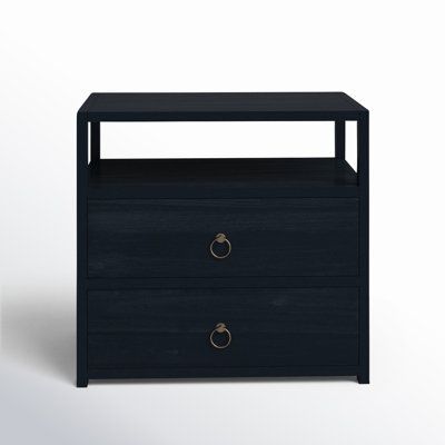 a black night stand with two drawers on each side and an open drawer underneath it