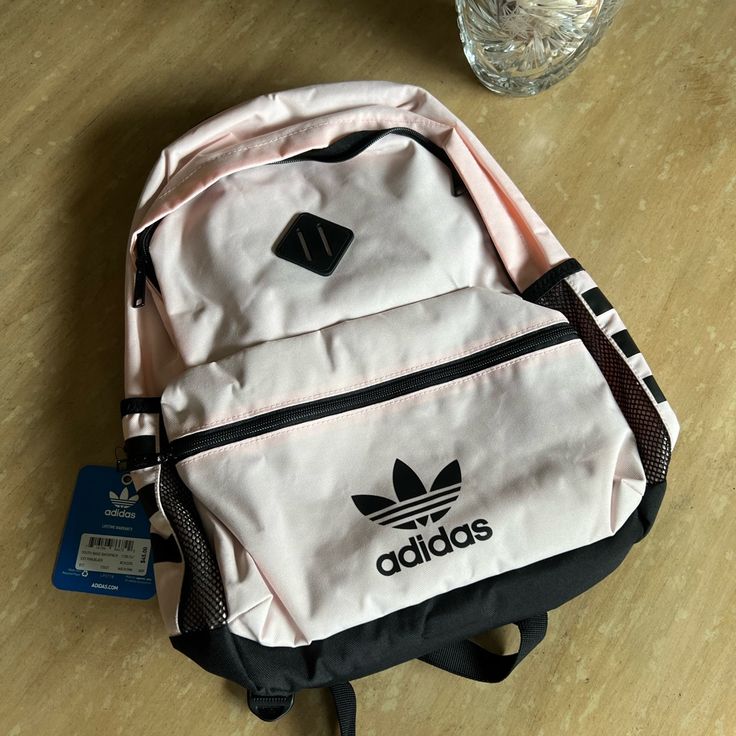 Adidas Backpack Light Pink And Black One Zipper Pocket Is Padded All Around For Laptop/Ipad/Tablet Bnwt Pink Adidas Backpack, Adidas School Bags, Adidas Backpack Aesthetic, Backpack Adidas, Adidas Bag Backpacks, Adidas Bag, Mochila Nike, Small Backpacks, Rose Adidas