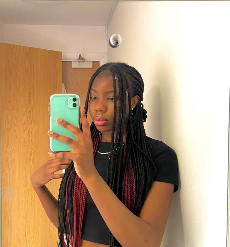 Box Braids With Red In The Back, Black To Red Box Braids, Braids For Black Women Red And Black, Red And Black Braids Black Women, Braids With Red In The Back, Black And Red Braids Peekaboo, Braids For Black Women Peekaboo, Two Colored Box Braids, Black To Red Braids