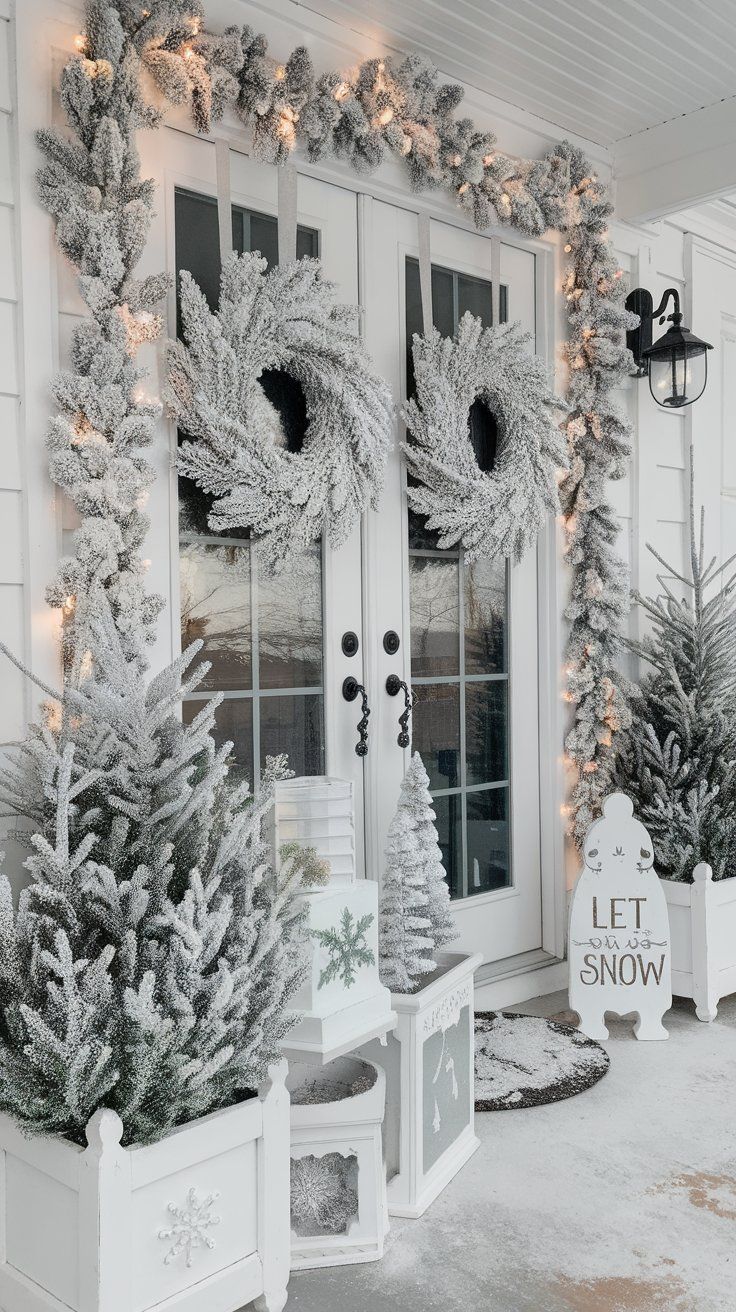 two white christmas trees in front of a house with snow on the ground and lights hanging from the windows