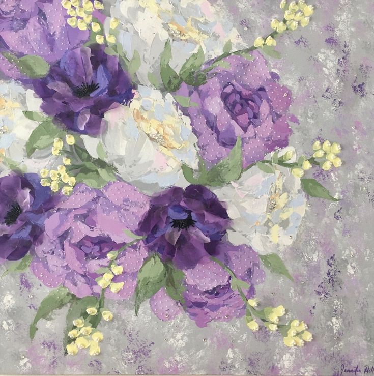 a painting of purple and white flowers on a gray background