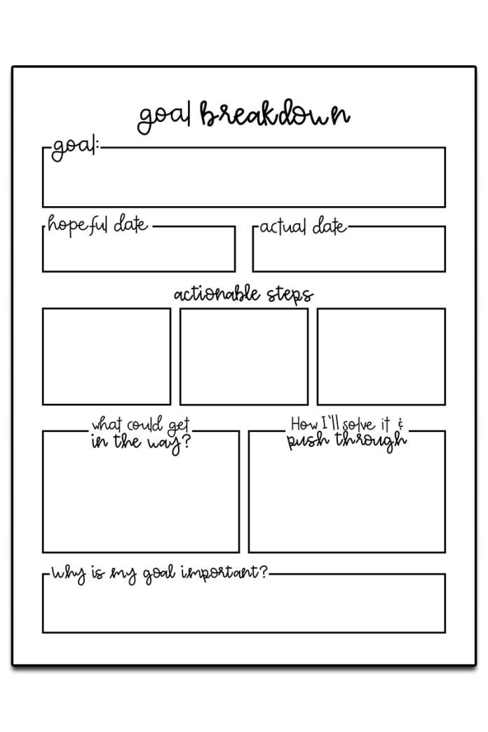 the goal breakdown worksheet is shown in black and white with handwritten notes