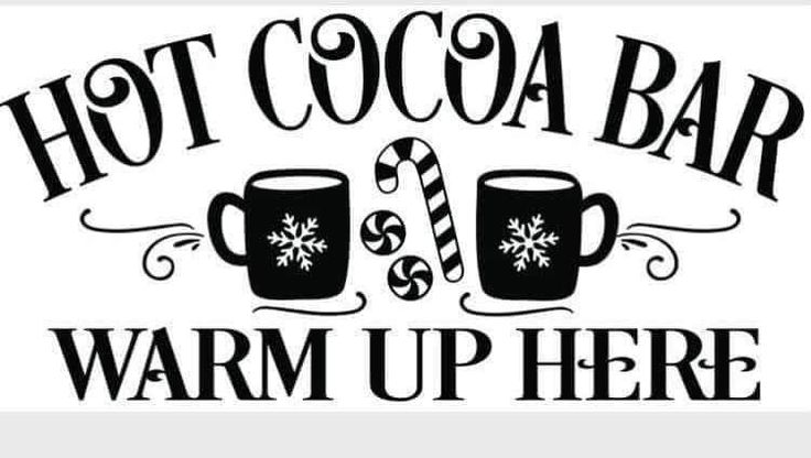 hot cocoa bar sign with two mugs and candy cane on the bottom, says warm up here